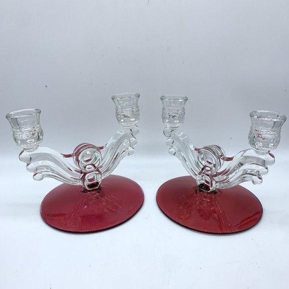 2 Tiffin-Franciscan King's Crown-Ruby Flashed  Double Light Candlestick Holders - Picture 1 of 10